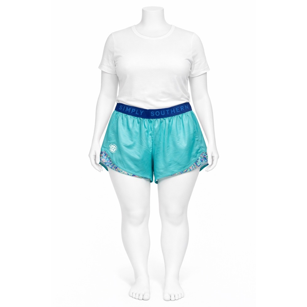 Simply Southern Teal Blue Athletic Running Lounge‎ Shorts Floral Trim Women's XL